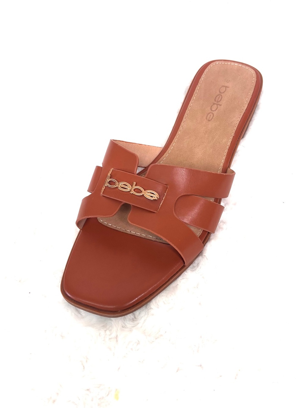 bebe Tan Leather Slide with Gold Logo Accent Sz 10